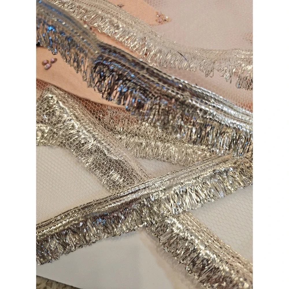 Vintage pink Handmade Beaded Tulle Christmas Tree Tablecloth with‎ Tinsel Fringe